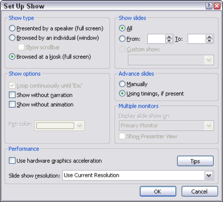 Figure 3-2: Make a presentation “self-running” in this dialog box.